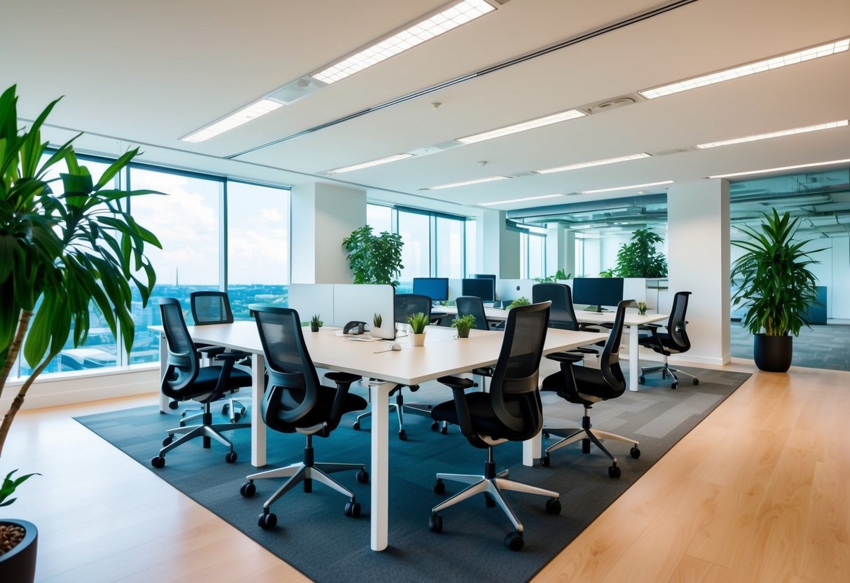 A bright, spacious office with ergonomic desks, adjustable chairs, natural light, and green plants. An open floor plan encourages movement and collaboration