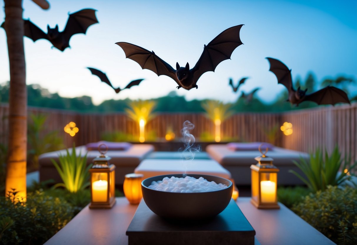 A serene spa garden with bats flying away from soothing aromatherapy and calming music
