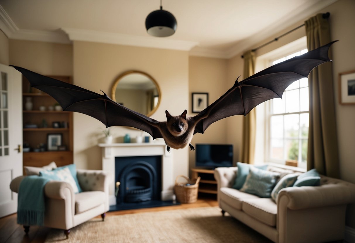 A bat flies inside a cozy living room in a UK house, its wings outstretched as it swoops past the furniture and towards the open window