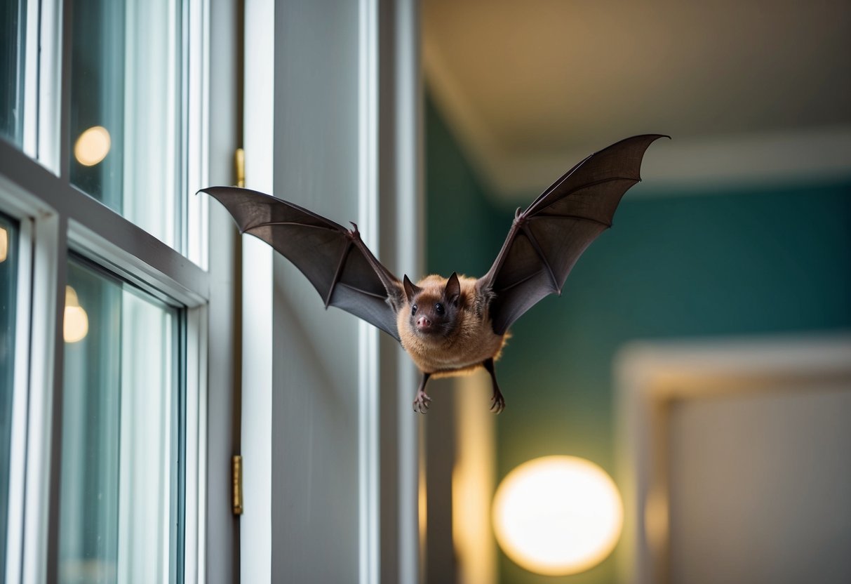 A bat flying inside a UK home, open windows and doors, turn off lights, and gently guide the bat towards the exit using a broom or towel