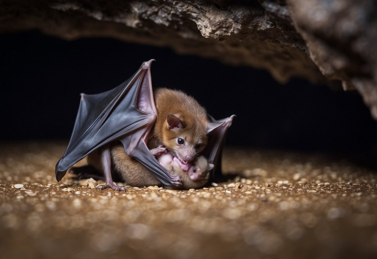 A mother bat tenderly cradles her pup in the safety of a dark cave