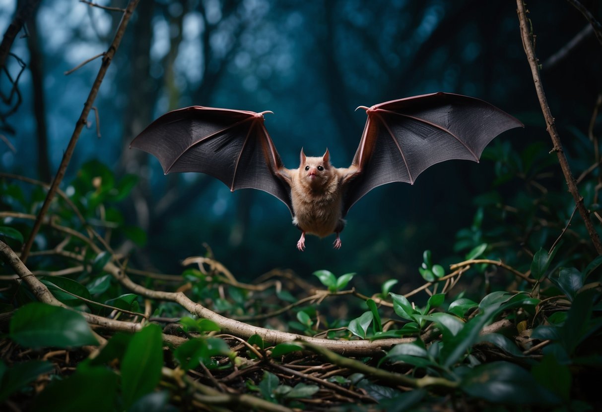 A mother bat navigates through the dark, tangled forest, searching for her lost baby amidst looming predators and unfamiliar obstacles