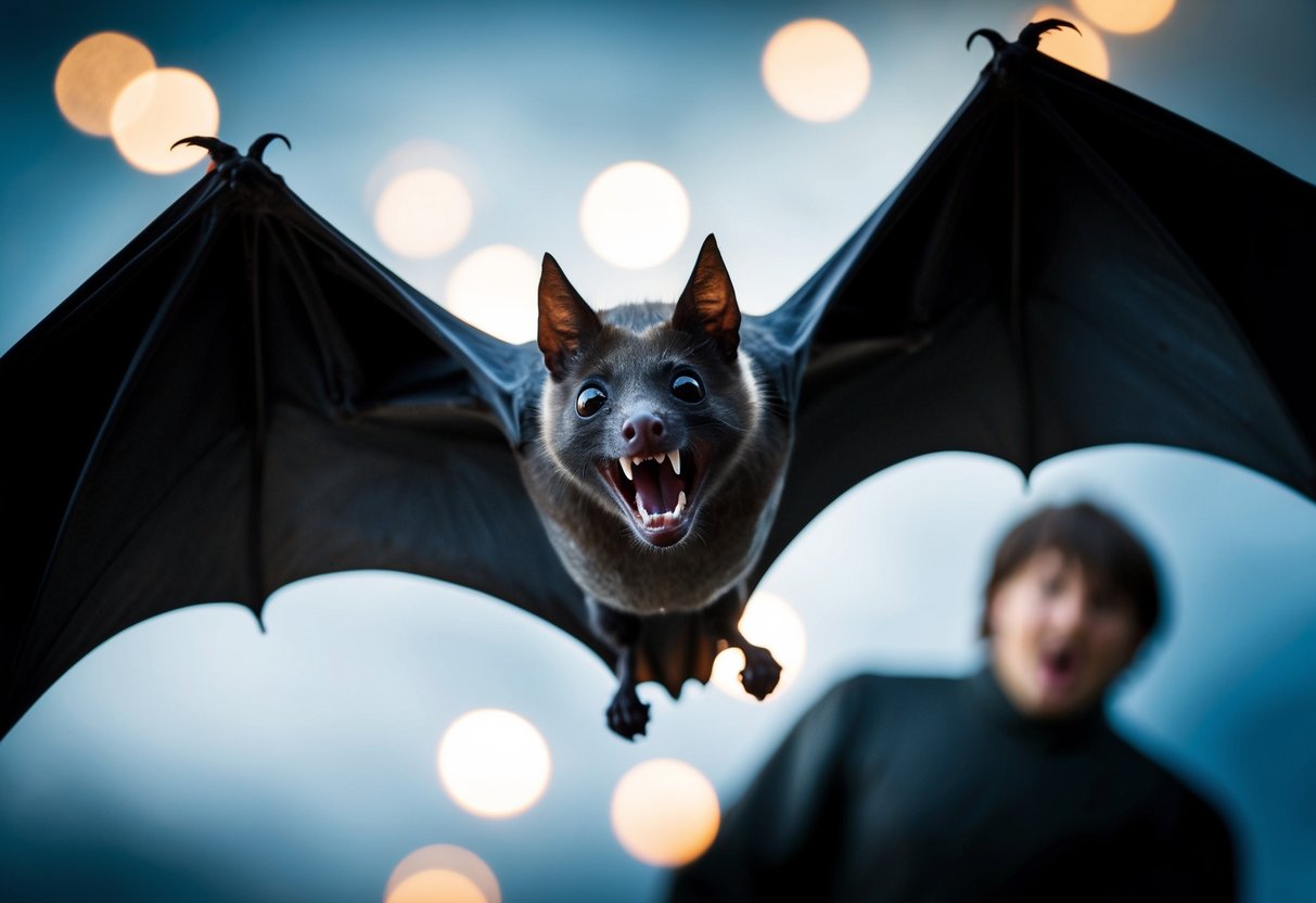 A bat swoops down near a frightened figure, its sharp teeth bared