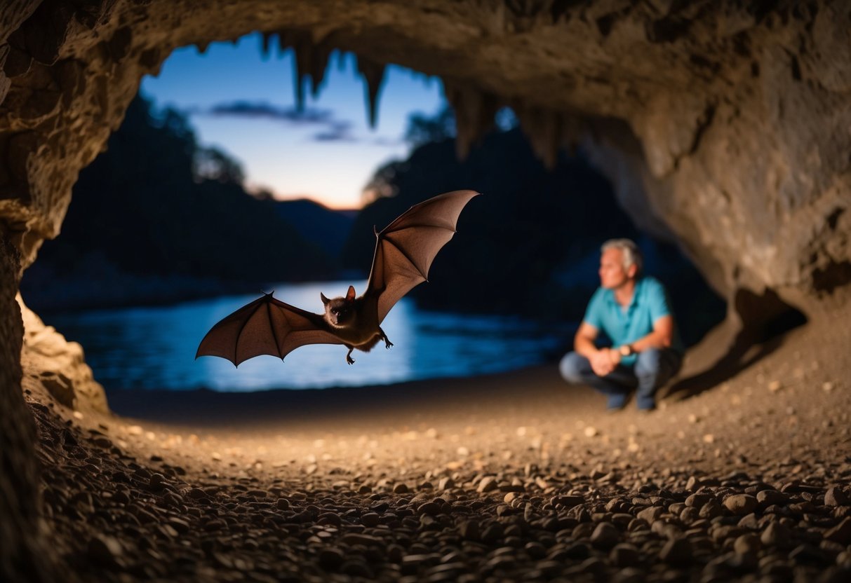 A bat flying near a cave entrance at dusk, with a concerned person looking on from a safe distance