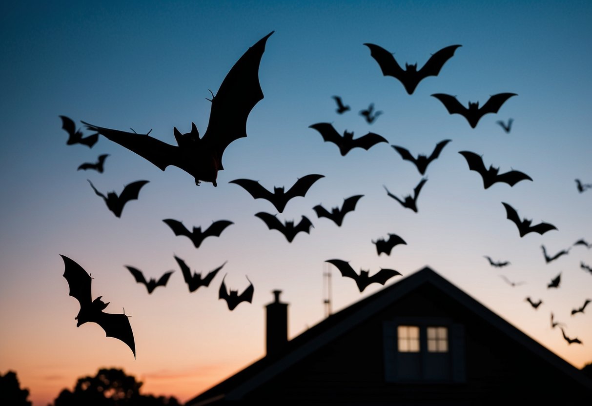 Bats flying around a house at dusk, silhouetted against the evening sky