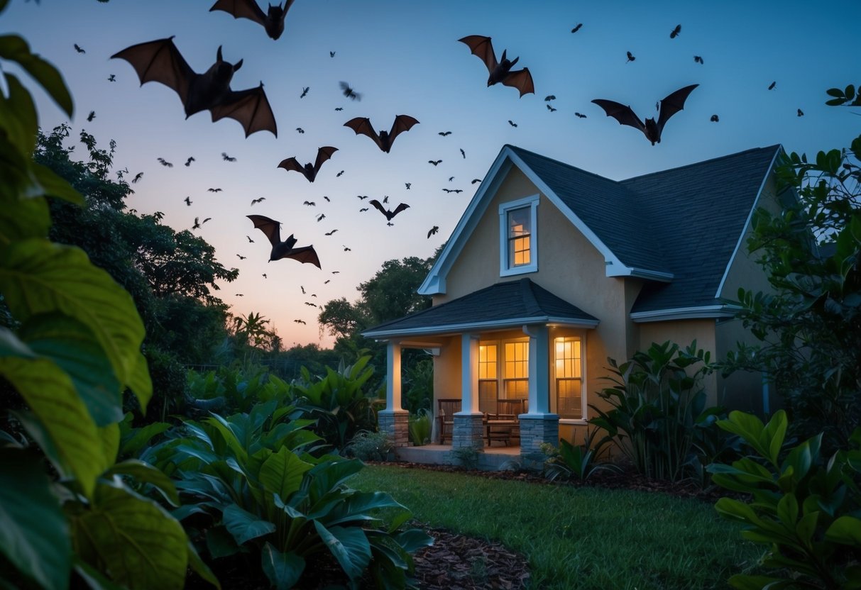 A twilight scene with bats flying around a house, surrounded by lush vegetation and various insects in the air