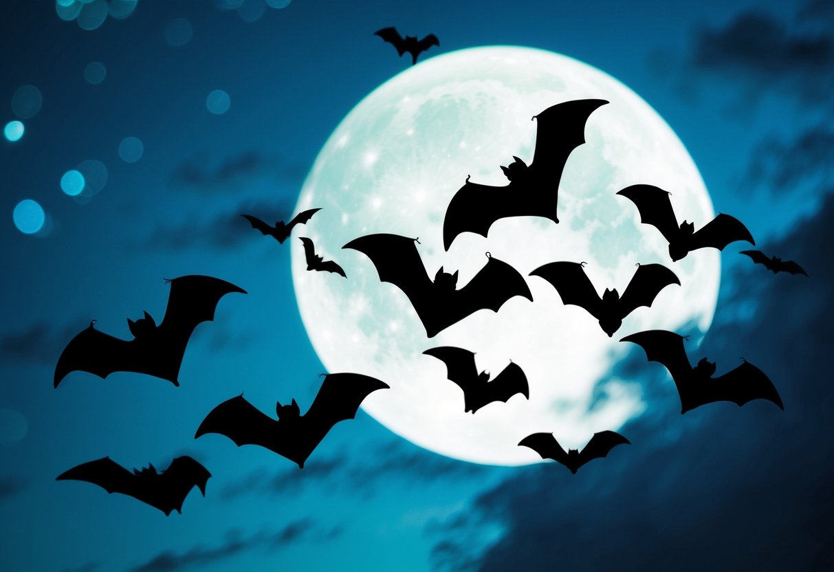 A group of bats flying through a moonlit sky, casting eerie silhouettes against the night