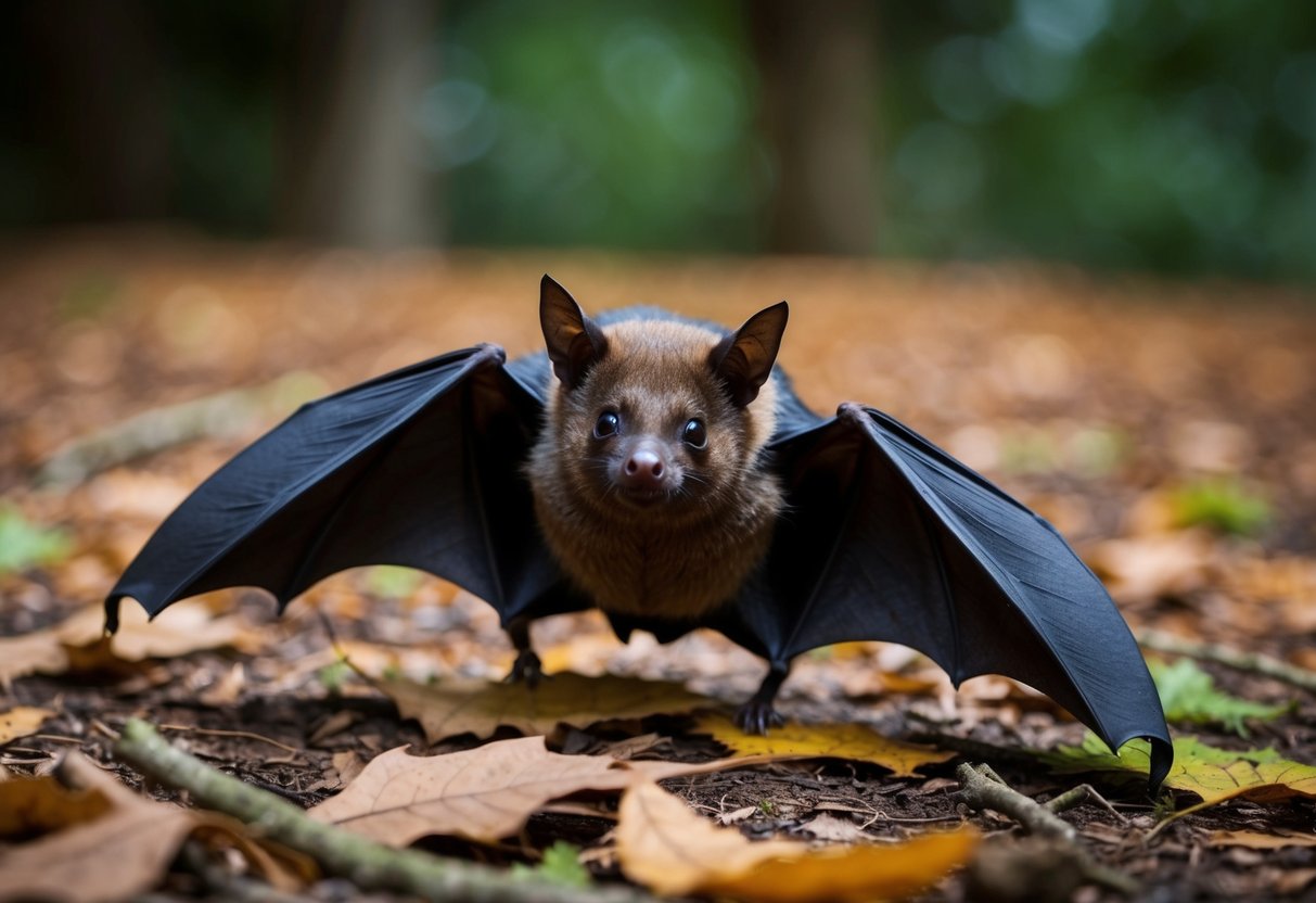 A bat lands on the ground, surrounded by fallen leaves and twigs. It looks around cautiously, its wings slightly spread