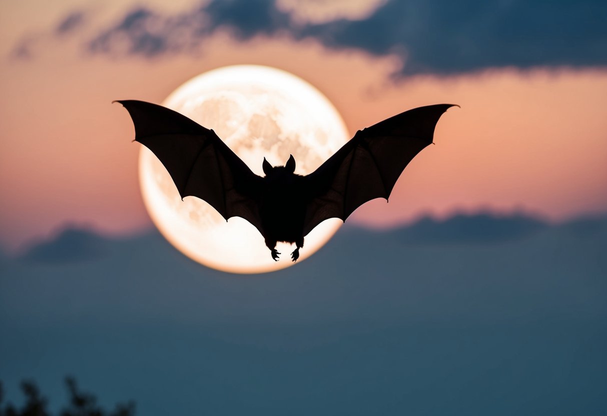 A bat flying in front of a full moon, casting a shadow on the ground