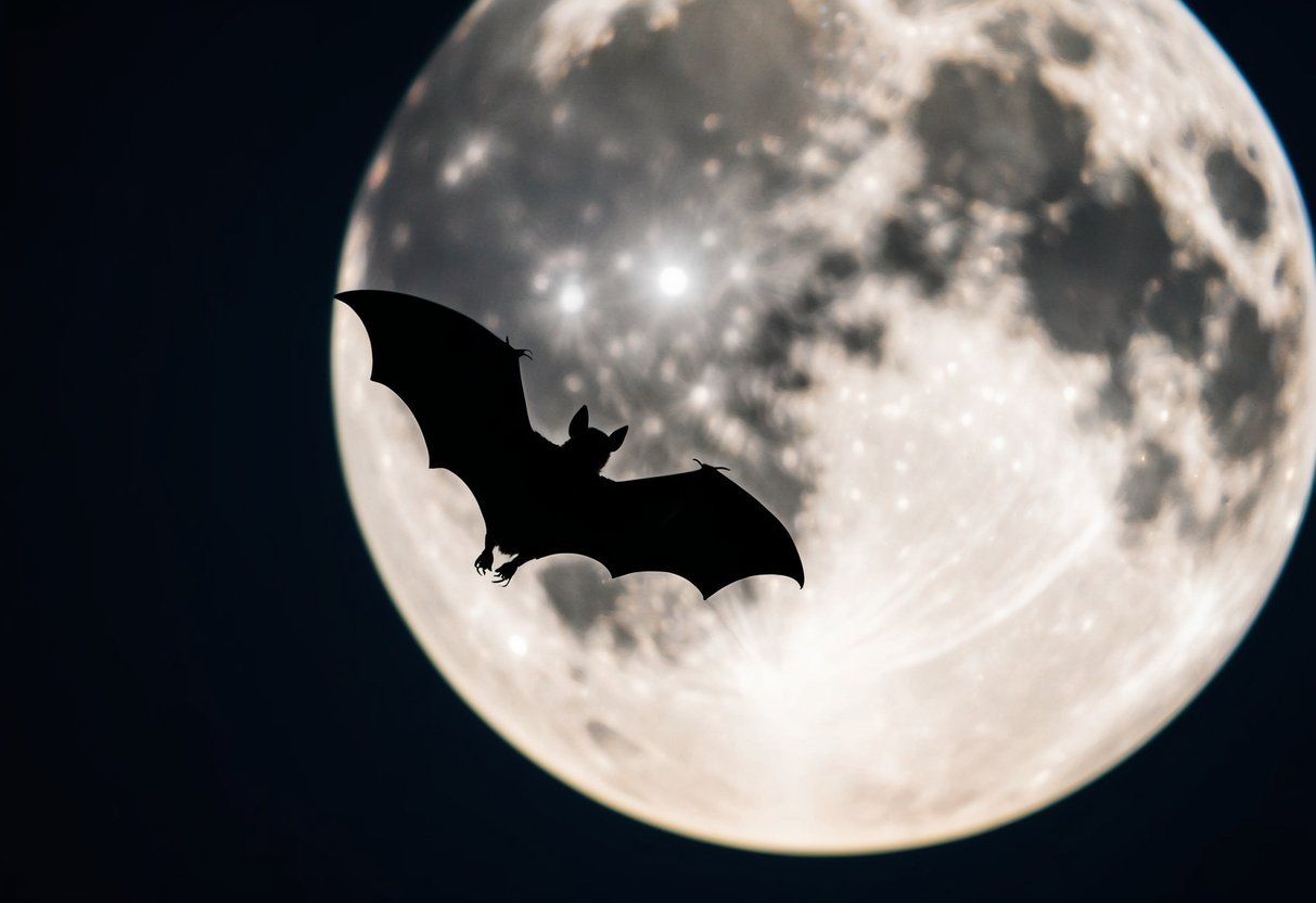 A bat flies against a full moon, its silhouette casting a dramatic shadow on the ground below