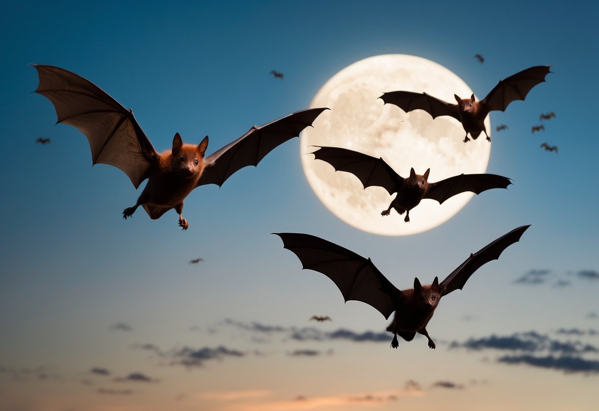 Bats swoop down in the moonlit sky, their wings outstretched as they hunt for insects in the night