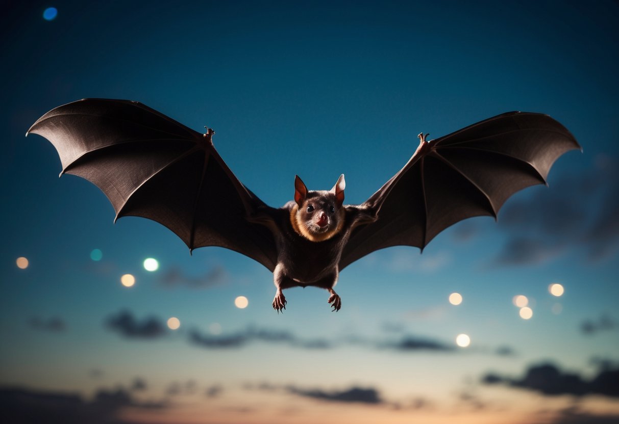 A bat swoops down from the dark night sky, its wings outstretched as it descends towards its prey