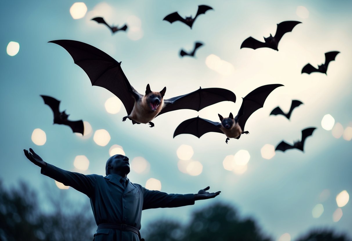 Bats swooping down towards a figure with outstretched arms