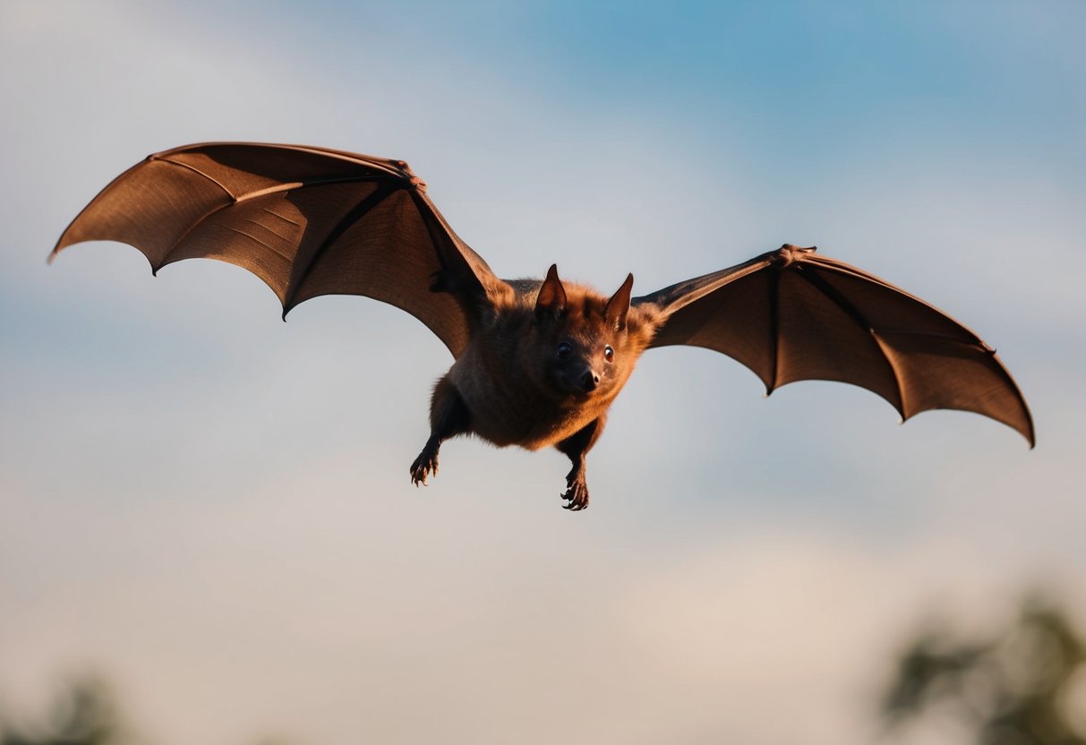 A bat in flight, swooping down with wings outstretched, showcasing its unique anatomy and physiology as it hunts for prey