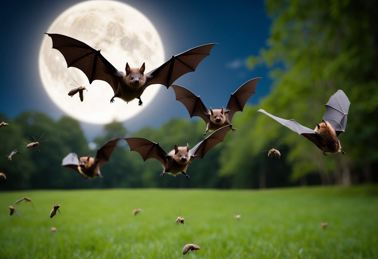 Bats swooping down to catch insects in a moonlit forest clearing
