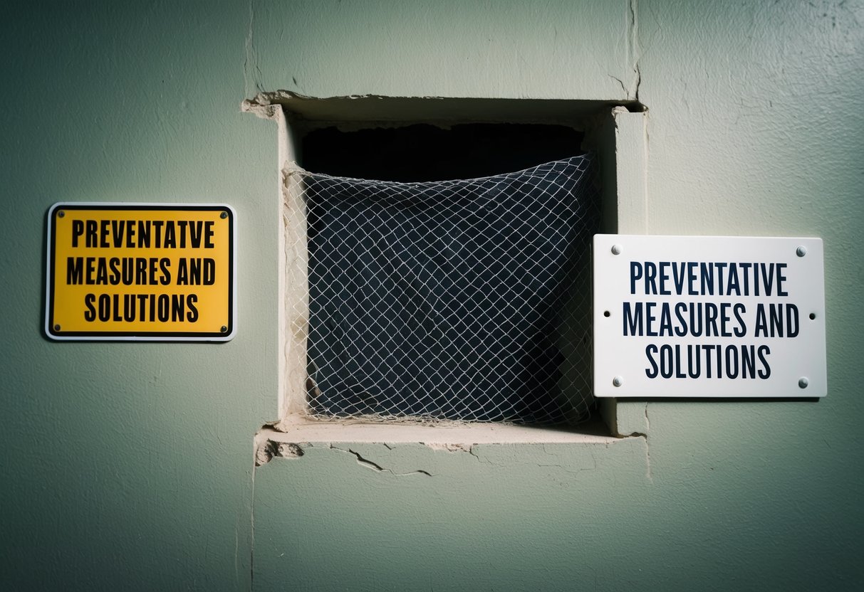 A bat-proof mesh covering a hole in a wall, with a sign reading "Preventative Measures and Solutions" nearby