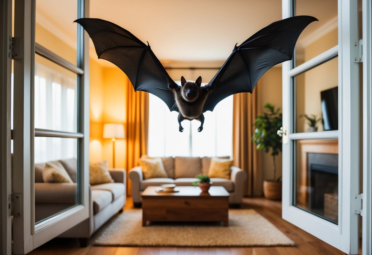 A bat flies through an open window into a cozy living room filled with warm light and comfortable furniture