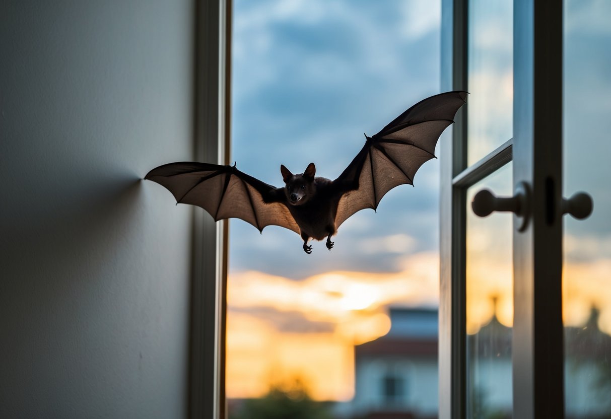 A bat flies into a well-lit living room through an open window, casting a shadow on the wall