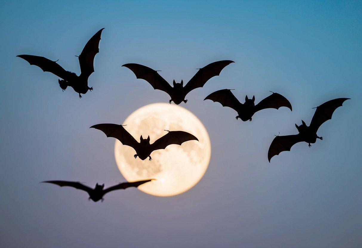Bats soar through a moonlit sky, their silhouettes cutting across the glowing orb as they hunt for insects