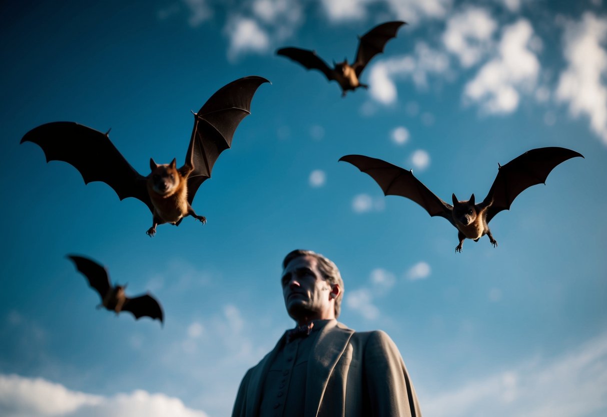 Bats flying in a dark sky, swooping over a figure's head
