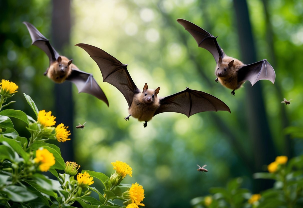 Bats flying over a lush forest, pollinating flowers and controlling insect populations, showcasing their crucial role in the ecosystem