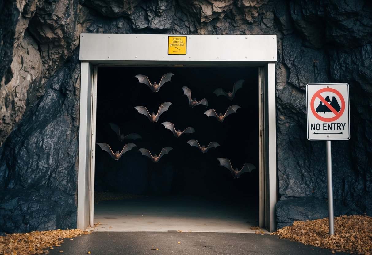 Bats flying away from a sealed entrance to a dark cave, with a clear "no entry" sign posted outside