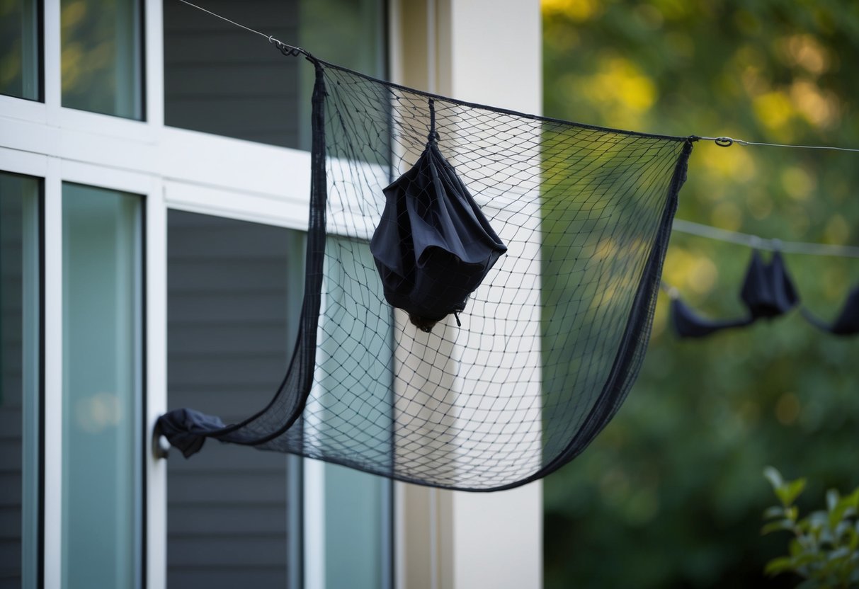 A bat-proof netting is installed over the entry points of a building, while alternative roosting sites are set up nearby