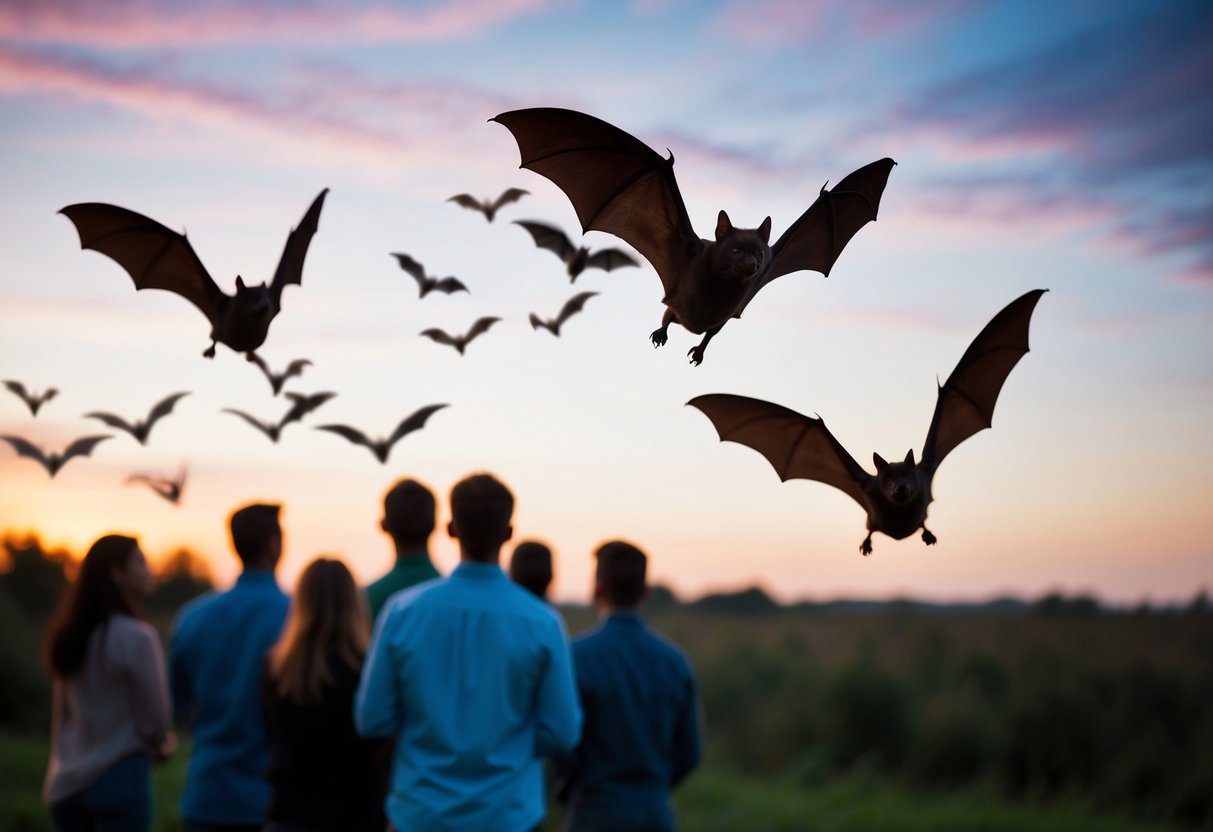 Bats flying near a group of people at dusk