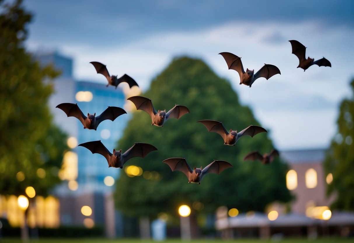 A group of bats flying near a well-lit outdoor area with trees and buildings in the background