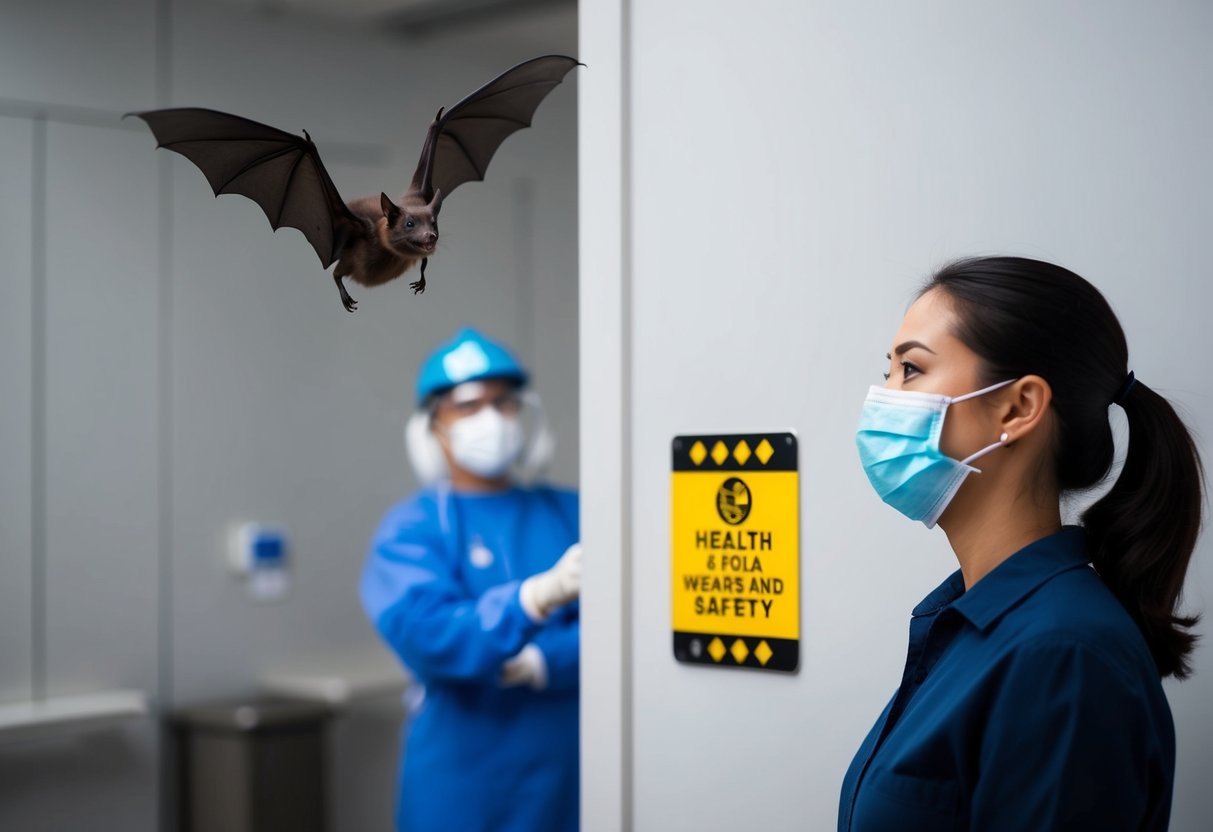 A bat flying near a person wearing a face mask and standing next to a sign with health and safety guidelines