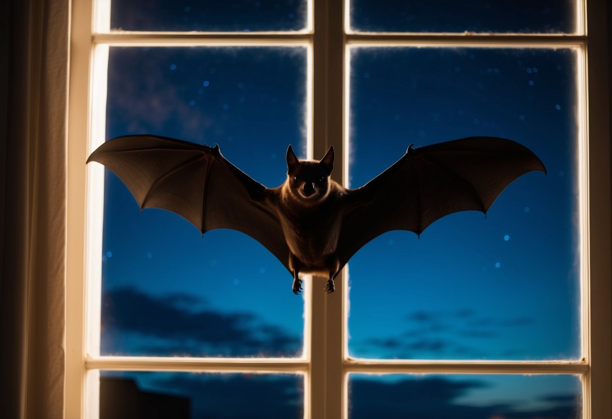 A bat hovers outside a glowing window, silhouetted against the night sky, its wings outstretched in a symbol of spiritual guidance