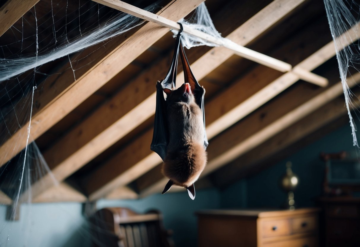 A bat hangs upside down from a rafter in a dimly lit attic, surrounded by cobwebs and old furniture