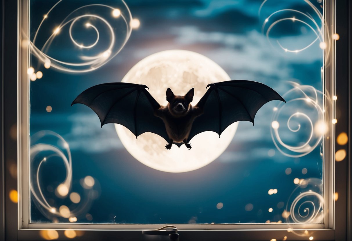 A bat hovers outside a glowing window, its silhouette against the moon, surrounded by swirling symbols and ethereal energy