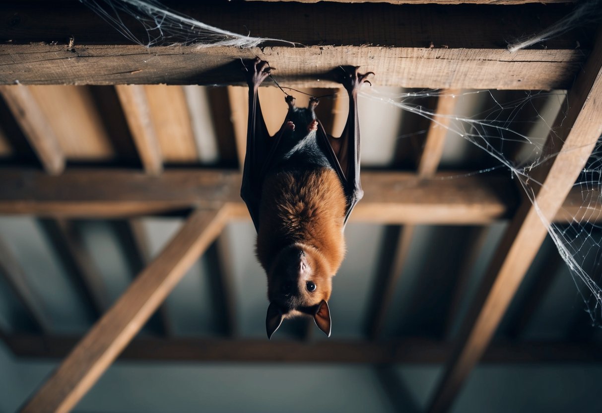 A bat peacefully hanging upside down in a dimly lit attic, surrounded by cobwebs and old wooden beams