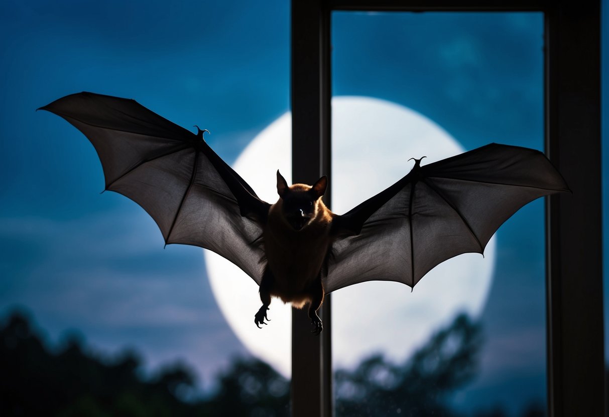A bat hovers outside a lit window, silhouetted against the night sky, its wings spread wide as it searches for insects