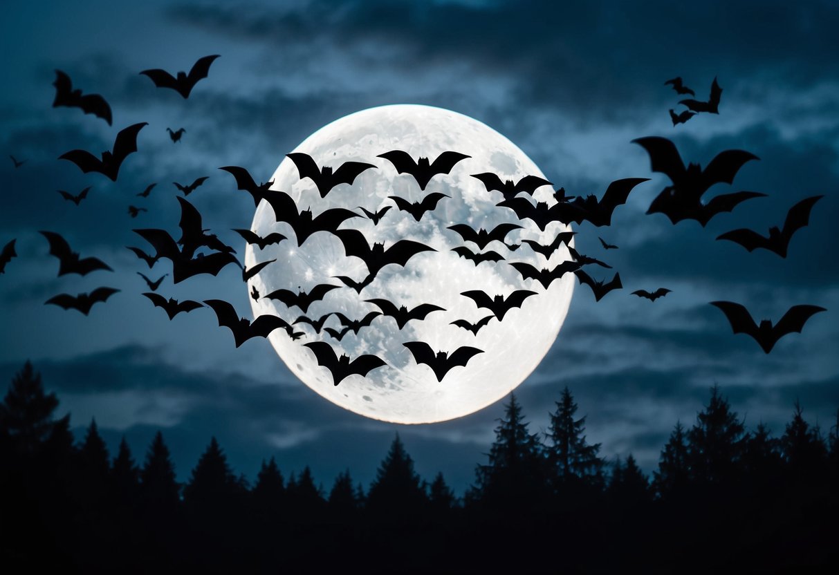 A swarm of bats silhouetted against a full moon, flying over a dark, eerie forest