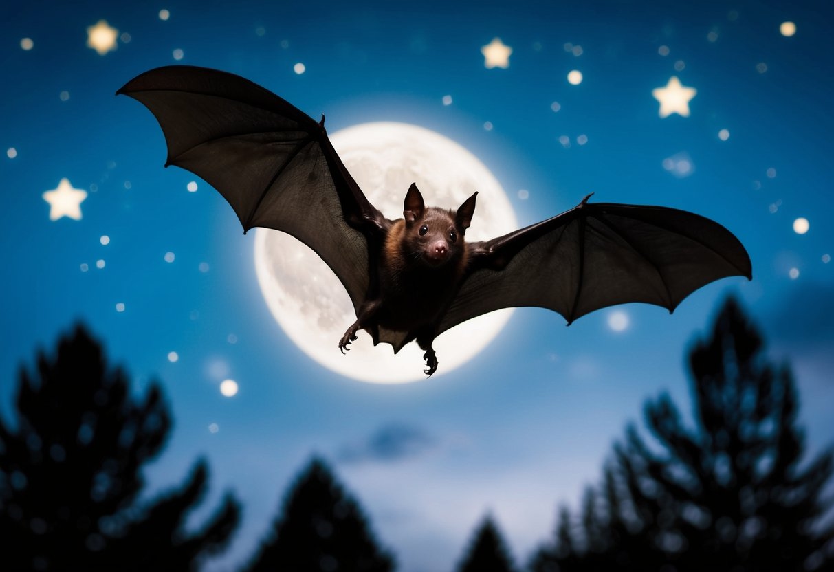 A bat flying through a moonlit sky, surrounded by stars and silhouetted trees