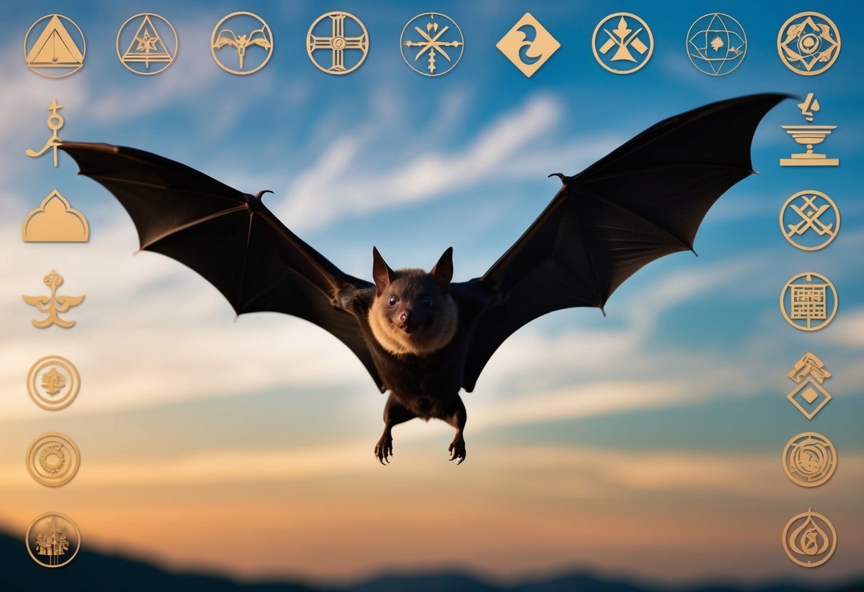 A bat flying over a landscape with symbols of various cultures in the background