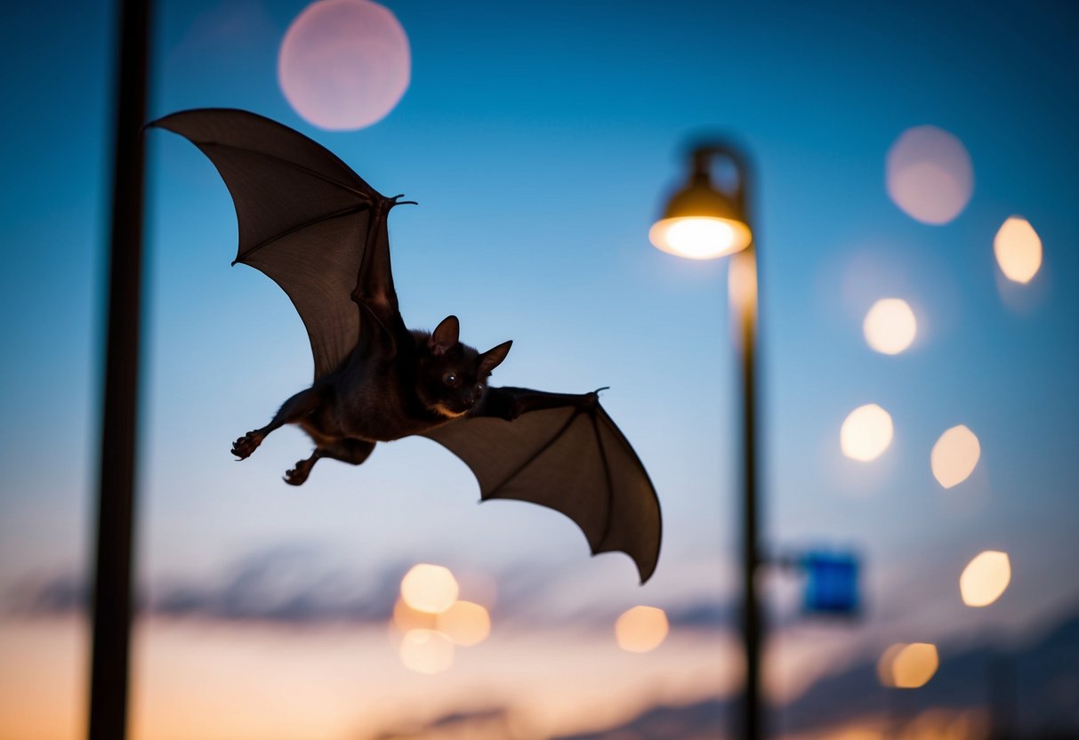 A bat flying near a streetlight at dusk