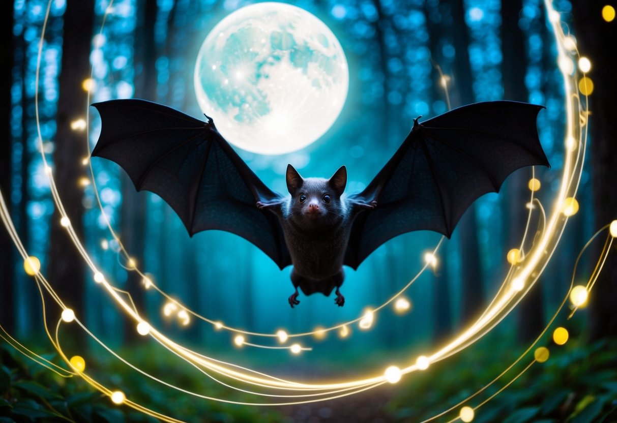 A bat flying through a moonlit forest, surrounded by swirling energy and glowing symbols