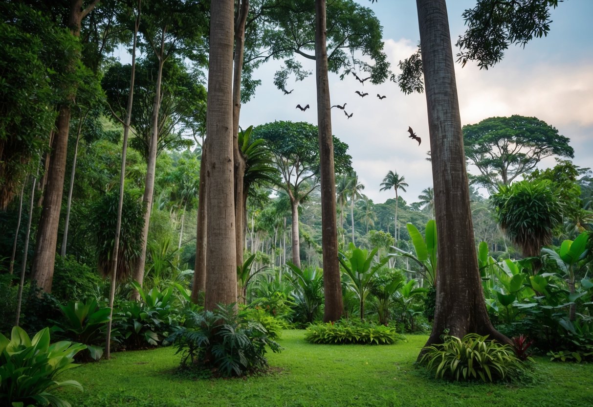 A lush forest with tall trees and a variety of plants, with a bat colony hanging from the branches, surrounded by a peaceful and undisturbed environment