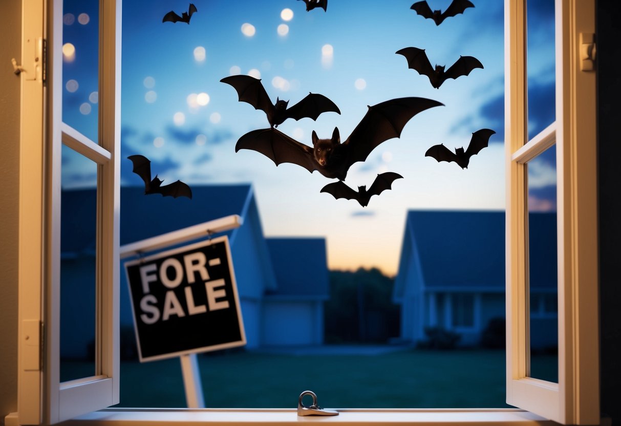 Bats flying out of a loft window at dusk, with the silhouette of a for-sale sign in the yard