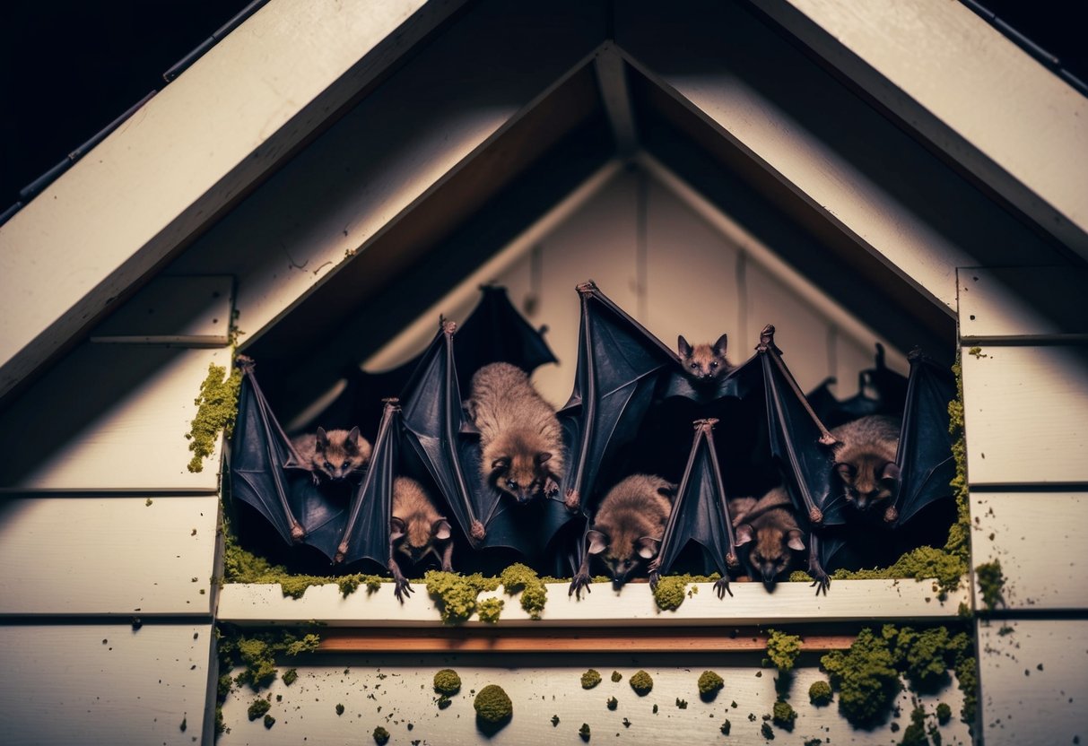 A house with a loft infested with bats; visible entry points and signs of guano accumulation