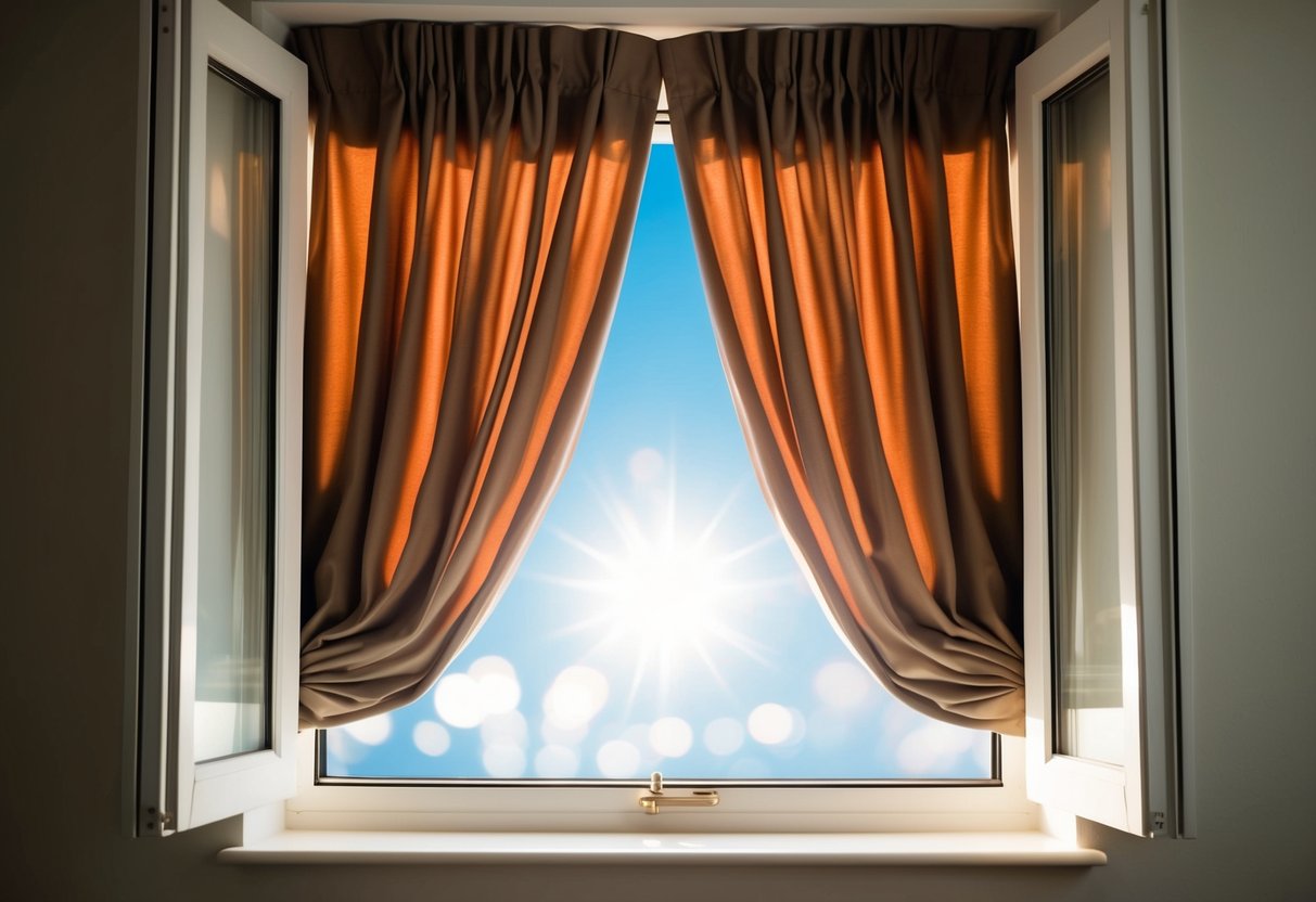 A window flung open, curtains billowing, a bright light shining outside