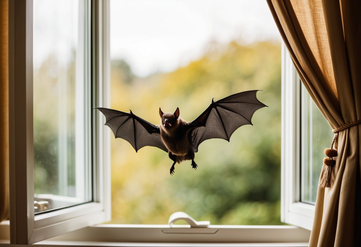 A bat flies out of an open window, curtains billowing in the breeze