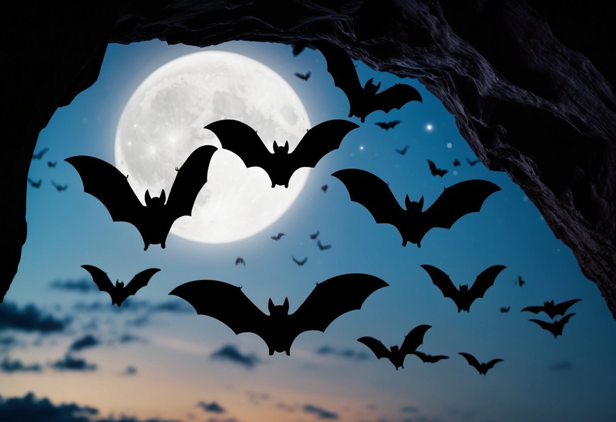 Bats emerging from a dark cave, silhouetted against the moonlit sky, as they fly out to hunt for insects in the night
