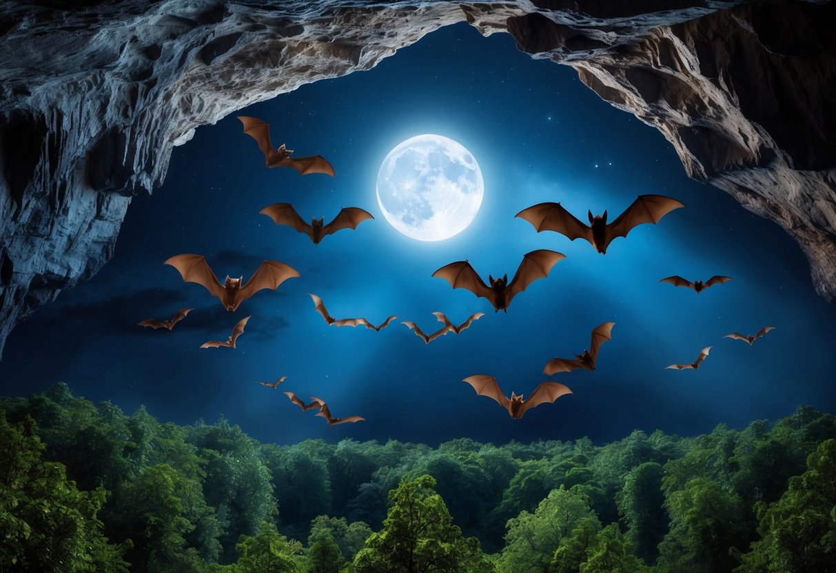 Bats flying out of a dark cave at night, with moonlight shining down on the forest below