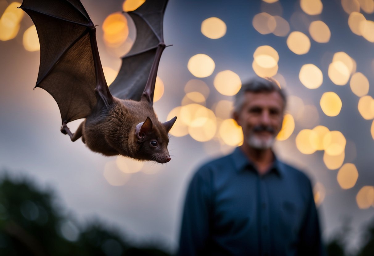 A bat hovers near a familiar figure, recognizing the person's scent and sound