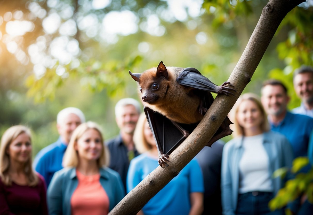 A bat perched on a tree branch, surrounded by a group of people. The bat is looking at the people with a curious expression