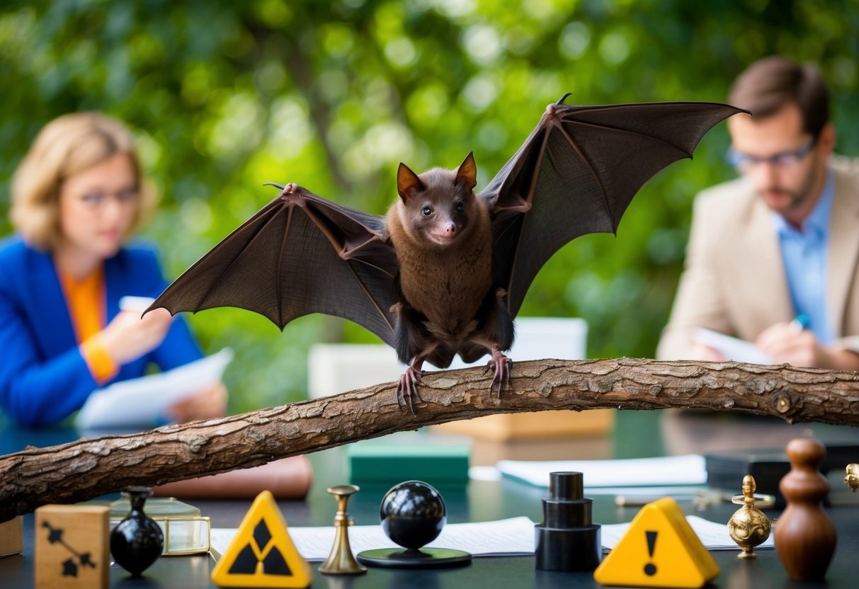 A bat perched on a tree branch, surrounded by various objects and symbols, while researchers observe and take notes from a distance